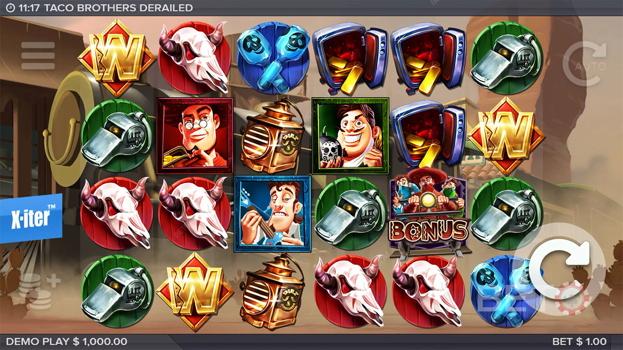 Boonusfunktsioonid seletab Taco Brothers Derailed by ELK Studios