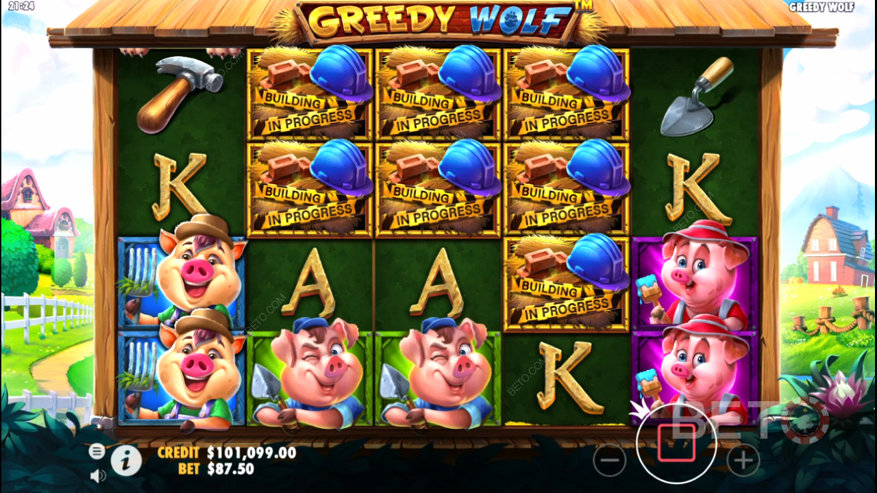 6 või rohkem Scatterit käivitavad tasuta keerutused mänguautomaadis Greedy Wolf.