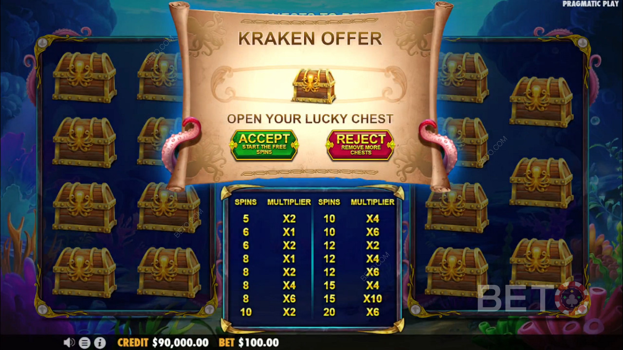 Võta pakkumine vastu või proovi oma õnne minimängus Release the Kraken 2 online slotis.