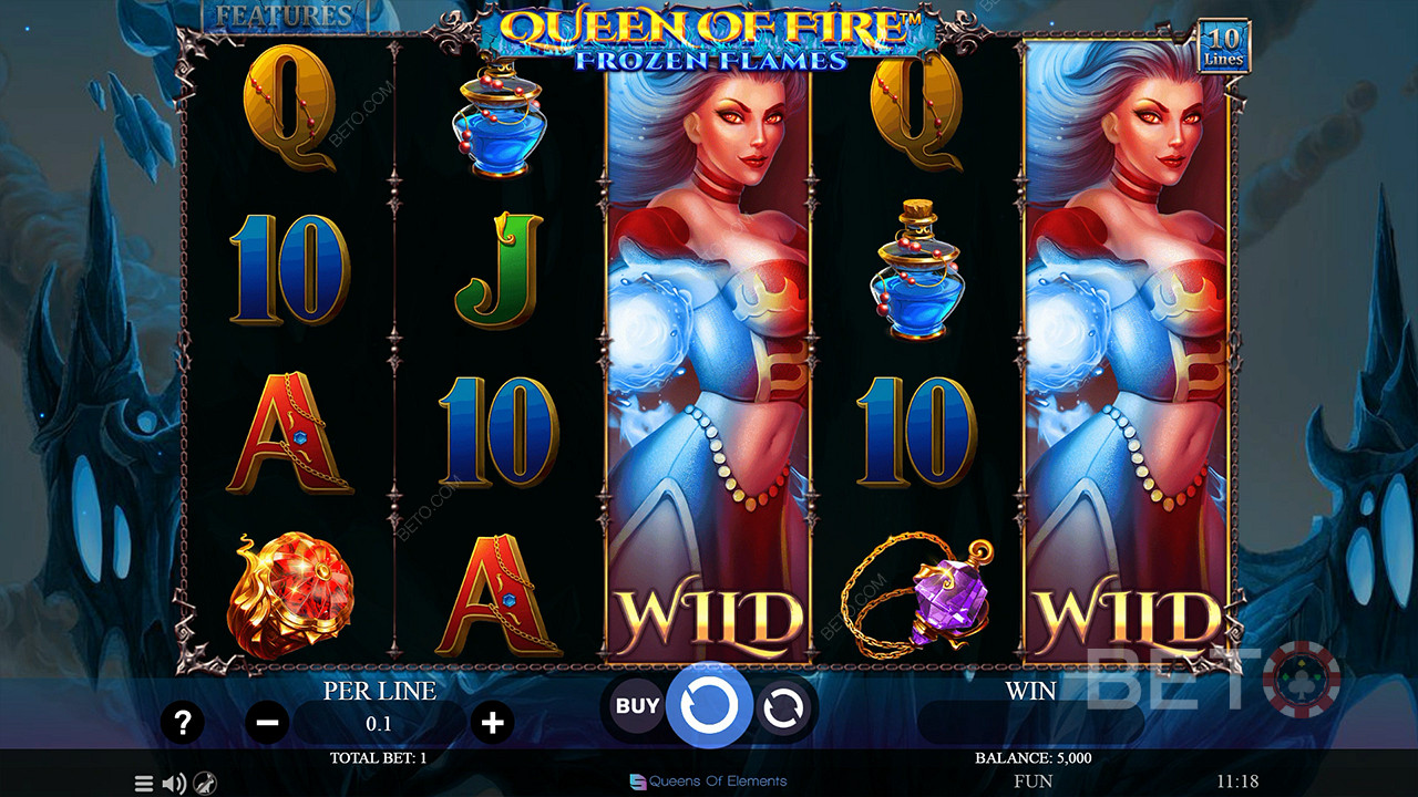 Nautige Queen of Fire - Frozen Flames mänguautomaadi põhimängus laienevaid wild